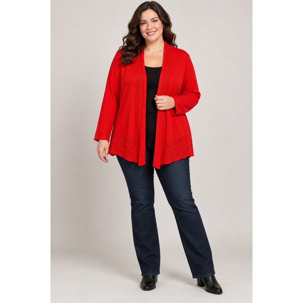 Novelty Stitch Cardigan Women XL Red Boho Grandma Core Pointelle Open Front Knit